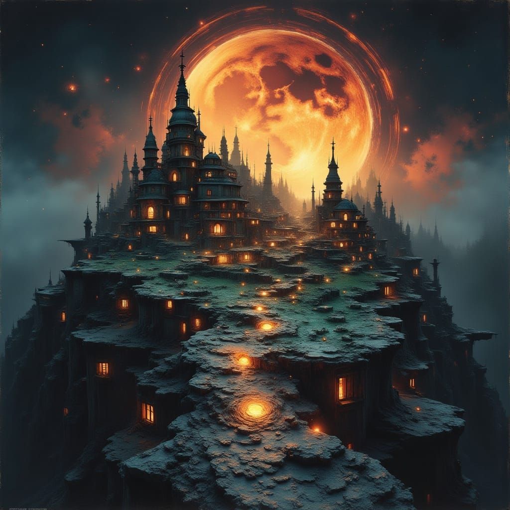 Surreal City on Crescent Moon Landscape Photography