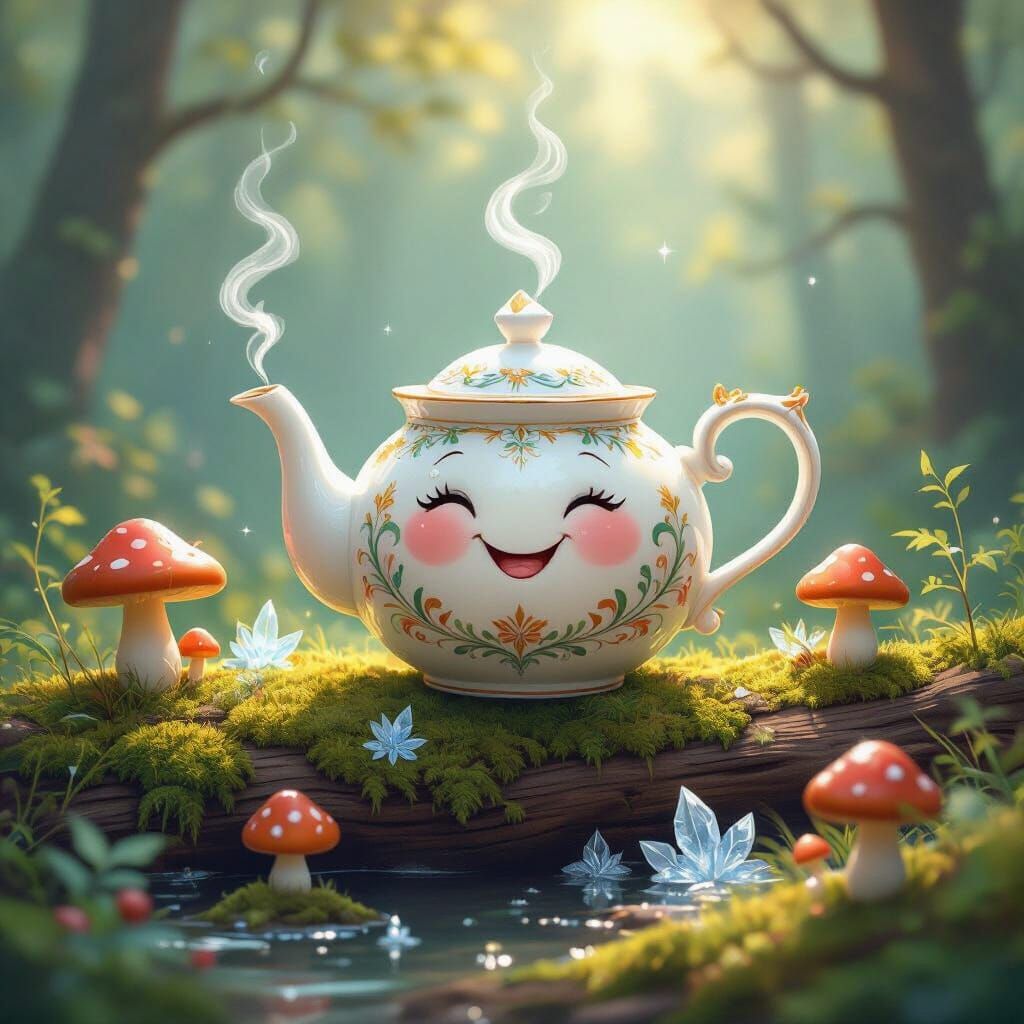 Whimsical Teapot in Enchanted Forest Clearing