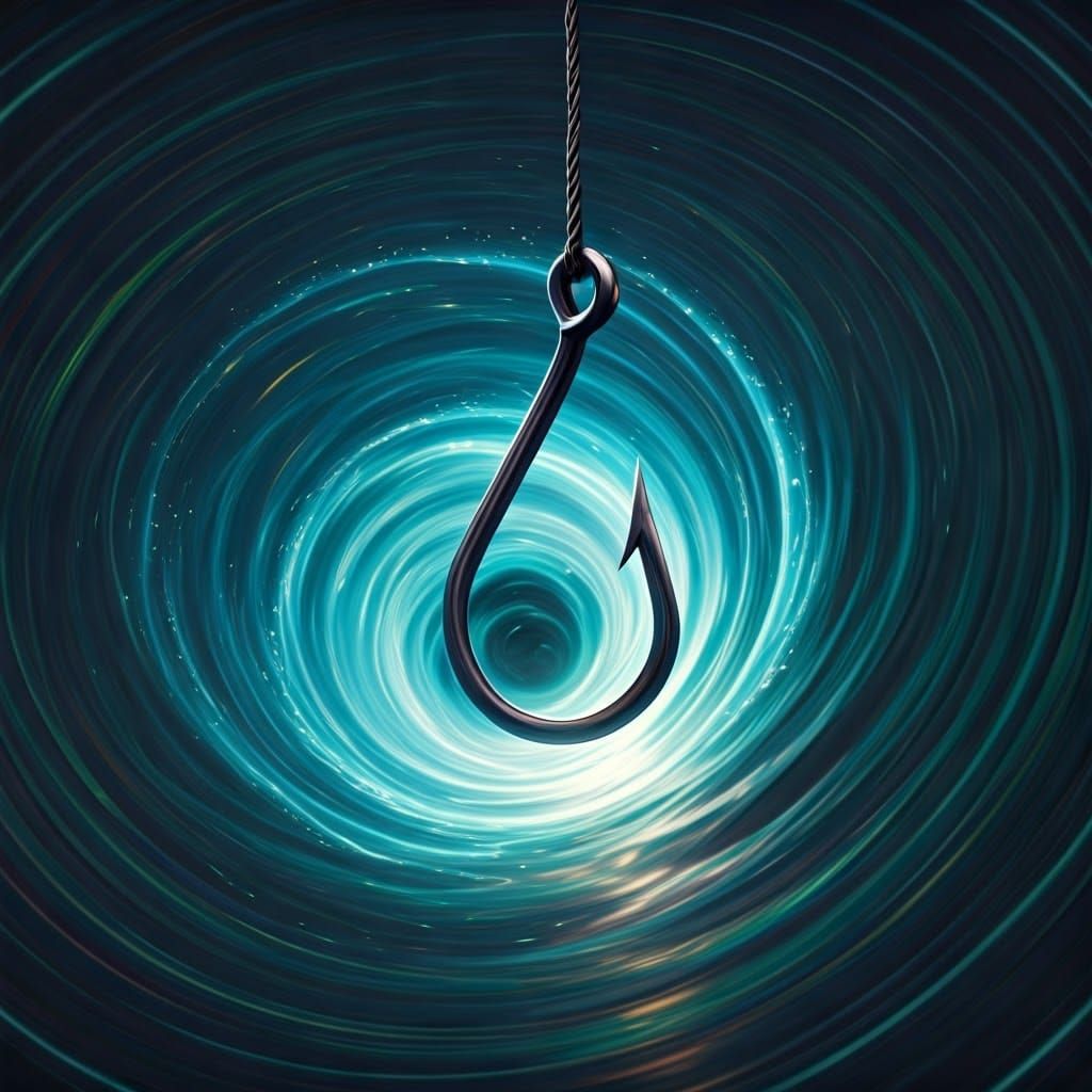 Metallic Fishing Hook in Mystical Ocean Whirlpool