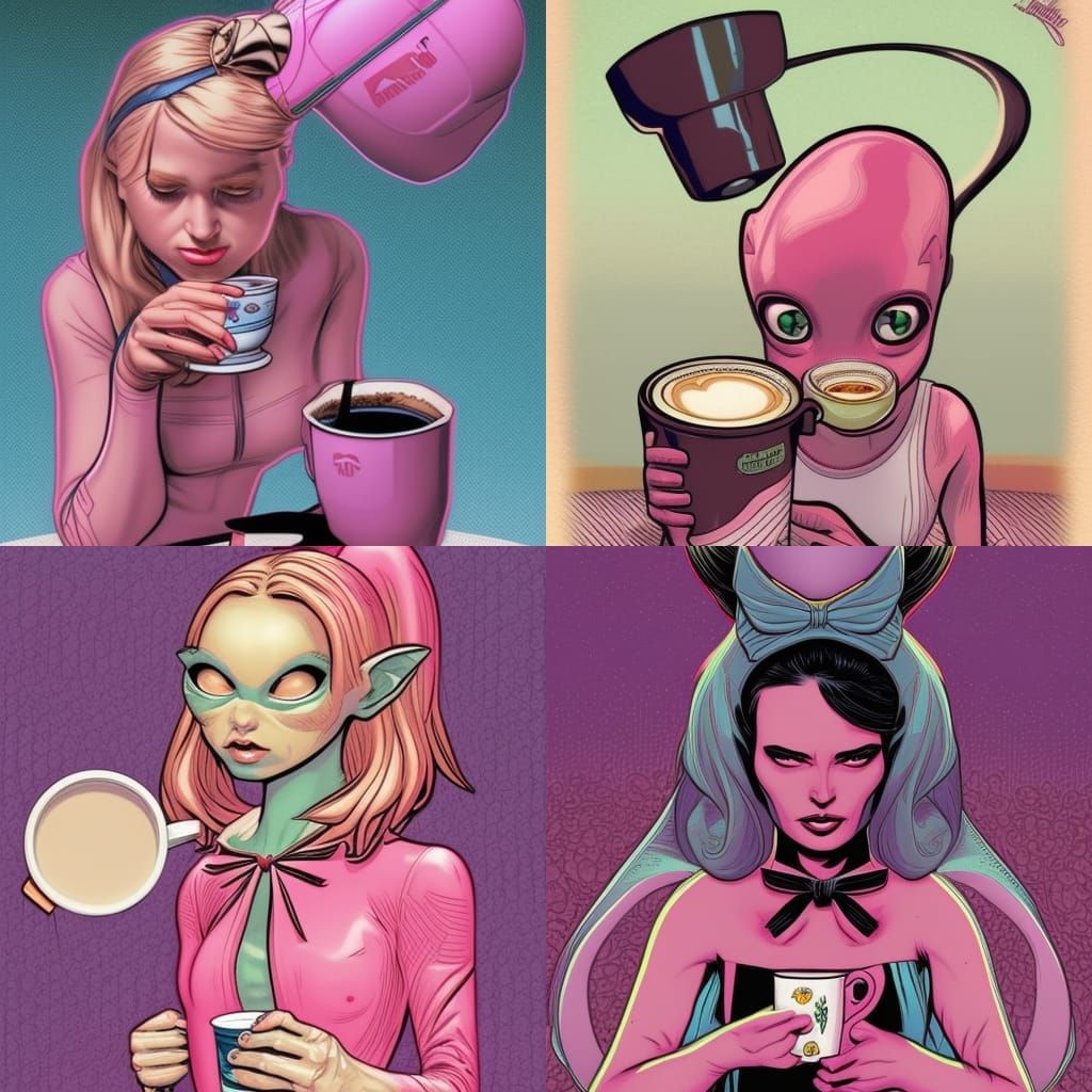 Pink Alien Girl Drinking Coffee, Comic Book Art