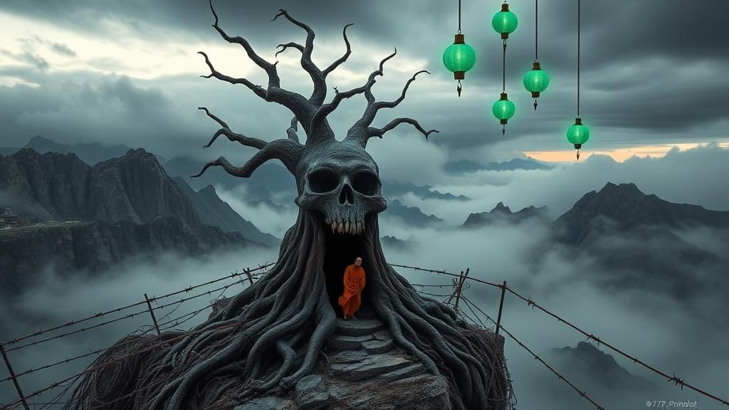 Ominous Ancient Tree Portal with Monk, in Surreal Style