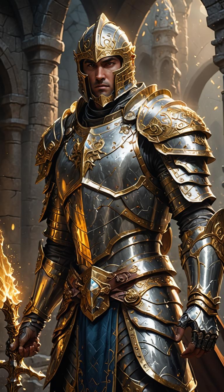 Paladin in Silver Armor Casting Magic