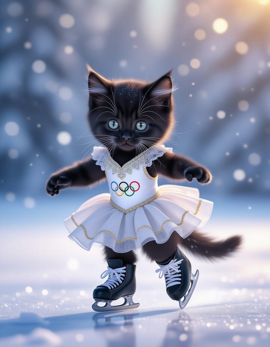 Cute Kitten Olympic Skating Champion in Winter Wonderland
