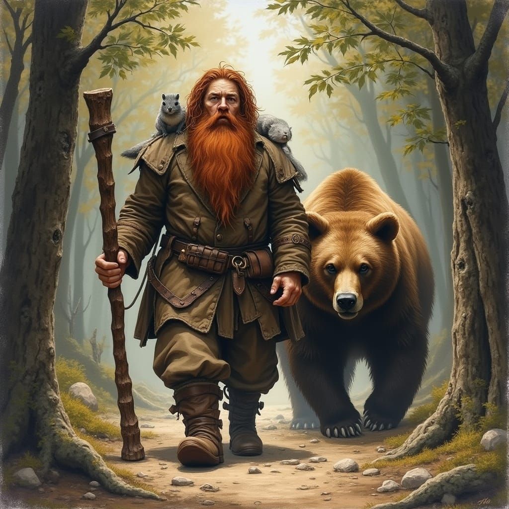 Dwarf and Bear in Sunlit Forest Clearing