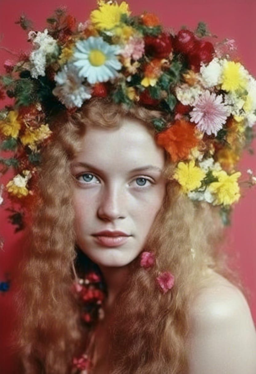 Bohemian Woman with Flowers Portrait in Analog Style