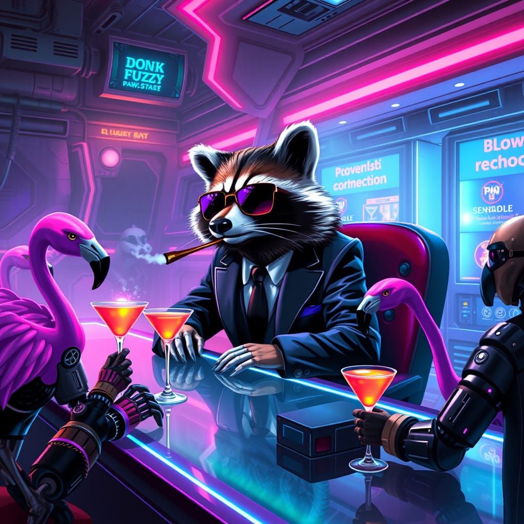 Cyberpunk Space Raccoon Mafia Boss Negotiates with Telepathi...