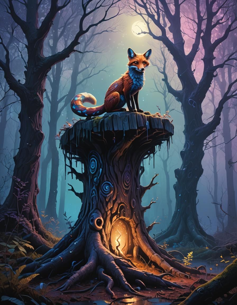 Snakefox perches atop a glowing Tree Stump in a Vibrant Fore...