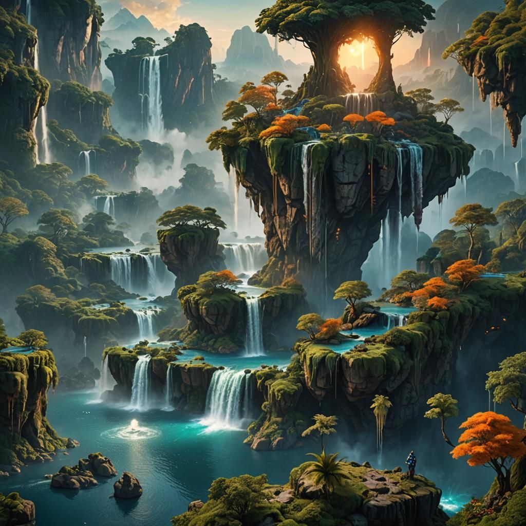 Fantastical Floating Islands with Waterfalls in Digital Pain...