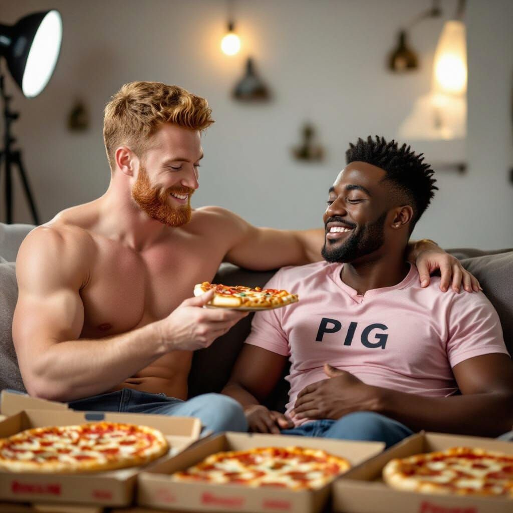 Man Feeding Pizza to Contented Man on Sofa