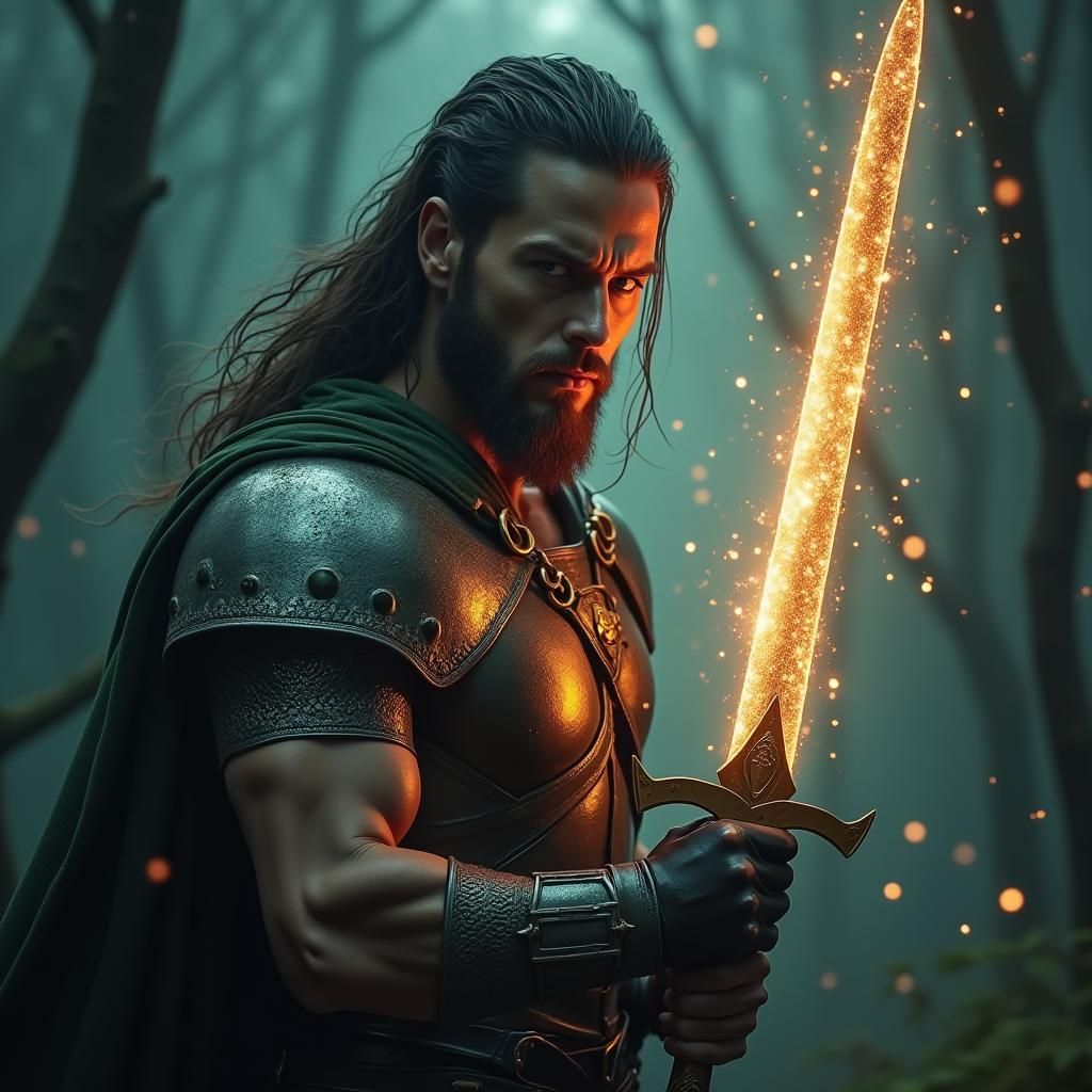 Mystical Warrior in Forest with Glowing Sword