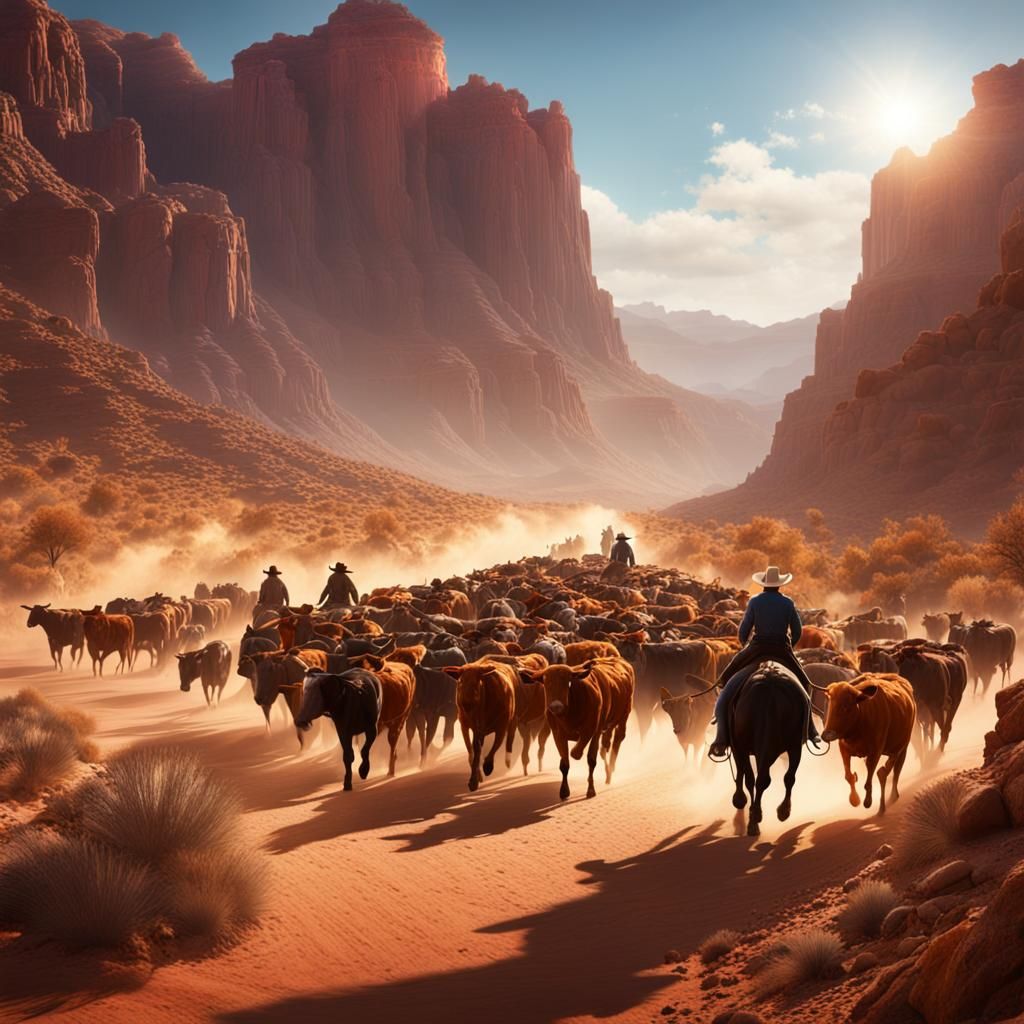 Cattle Drive through a Desert Canyon with cowboys herding cattle under a blazing sun