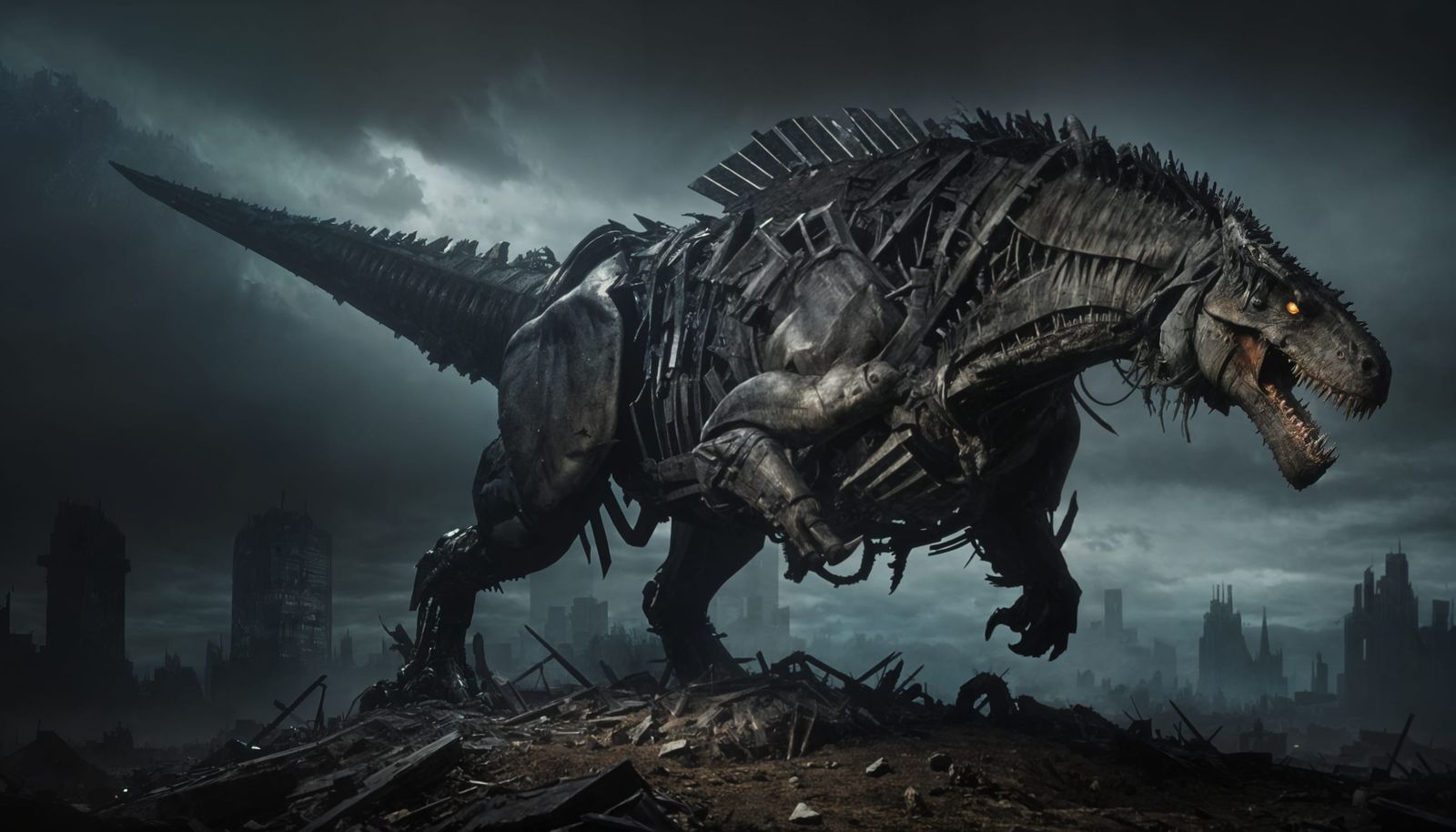 Iron Maiden Zombie T-Rex Cyborg in Dystopian City