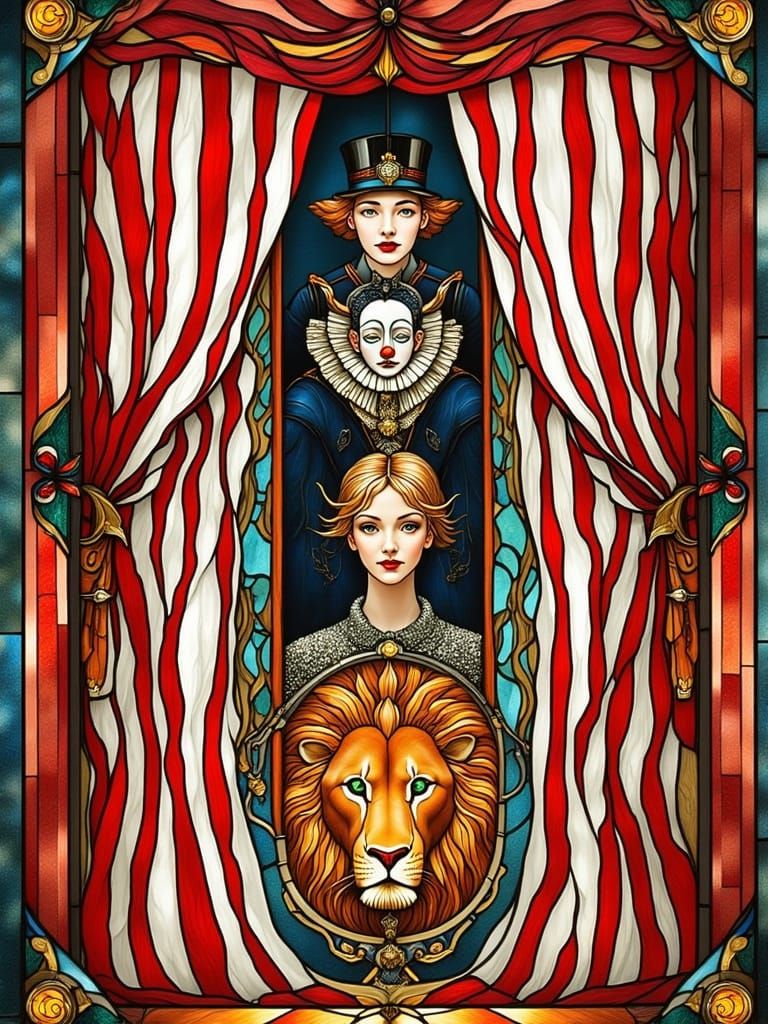 Surreal Stained Glass Scene with Whimsical Circus Figures
