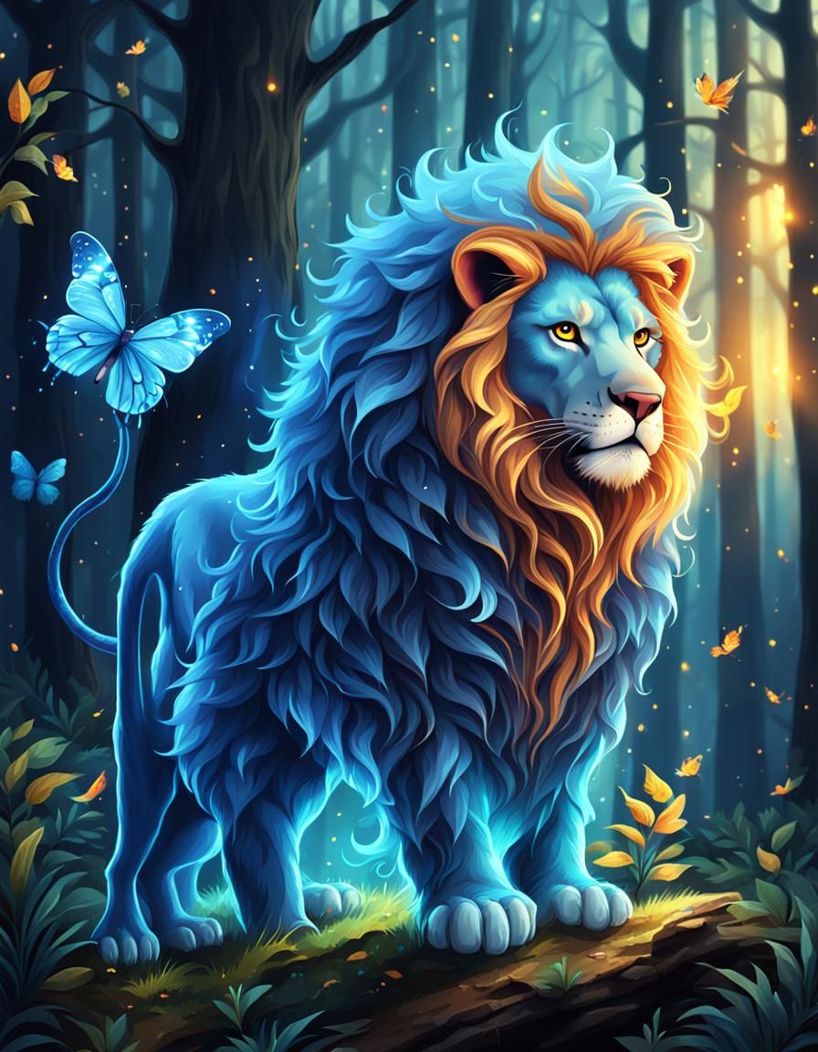 Lion in Whimsical Forest Wonderland