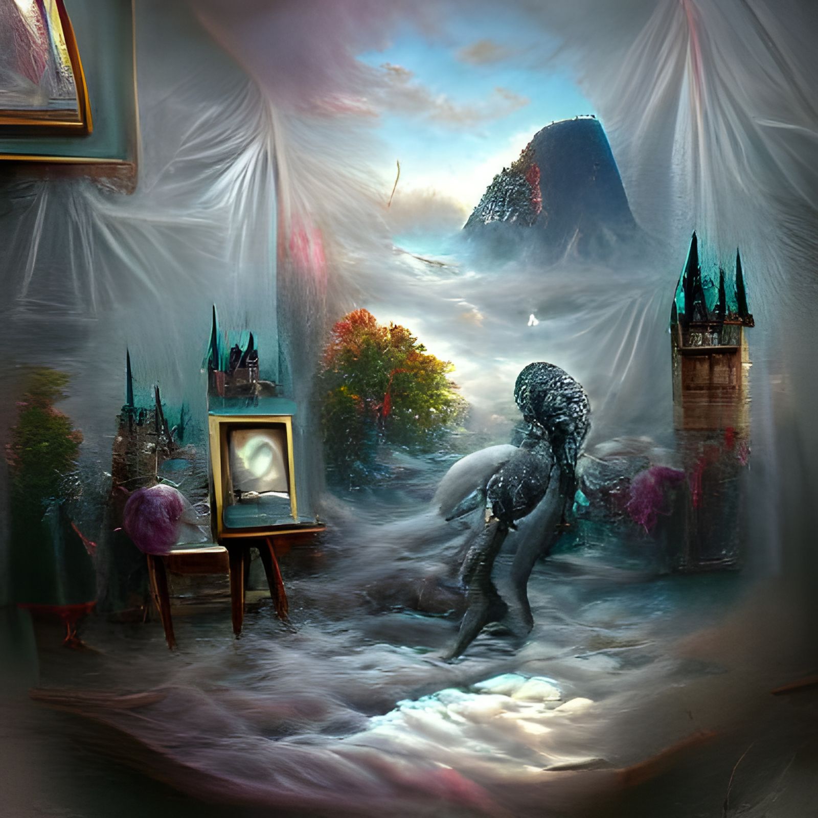 Ethereal Fantasy Landscape in Mixed Media Style
