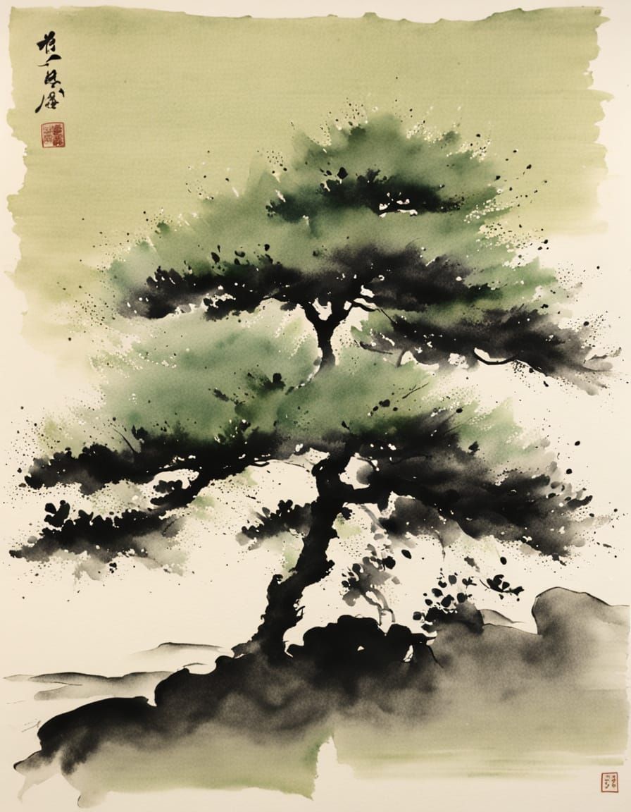 Sumi-e Ink Painting of a Tree on Washi Paper