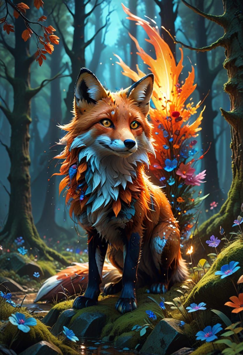 Vibrant Fox in Mystical Forest Landscape with Glowing Accent...