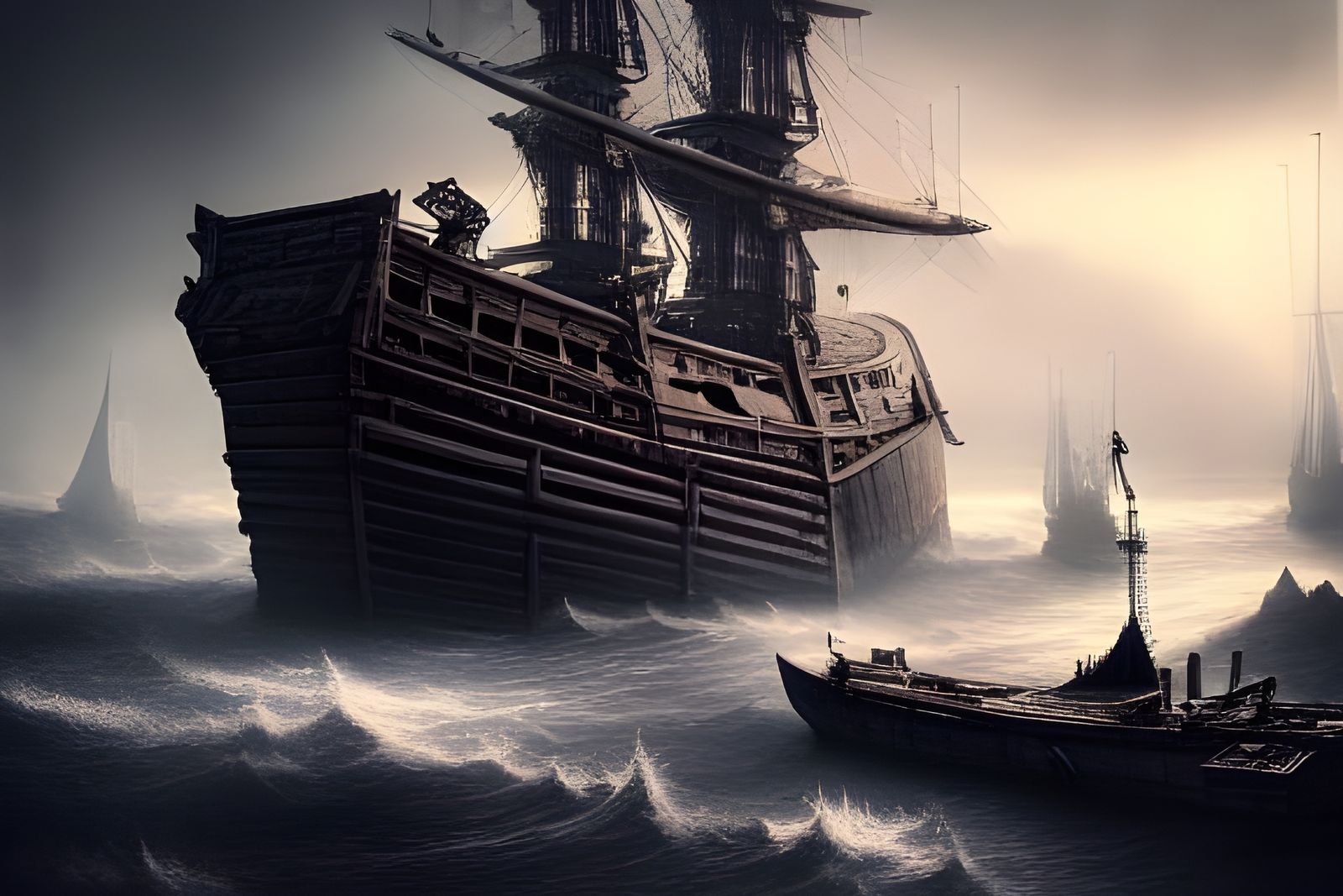 Dark Abandoned Ship Harbor in Hyper-Realistic Style