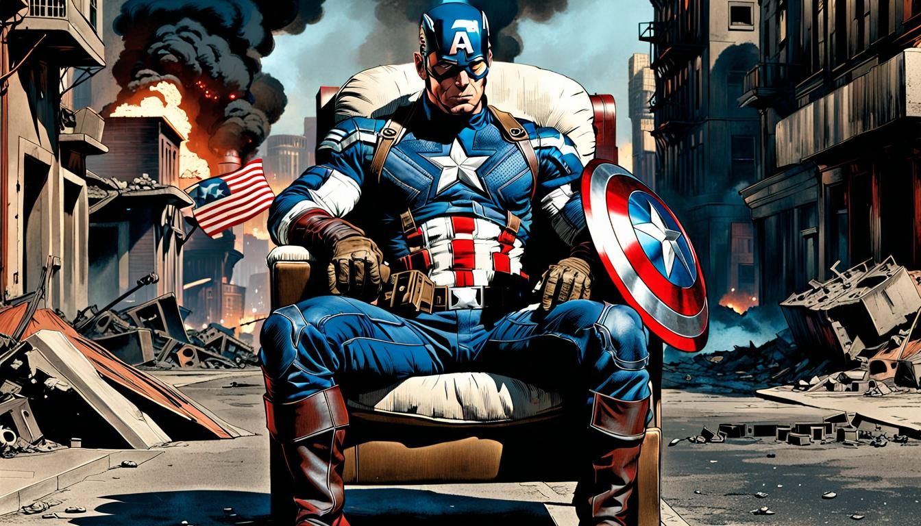 Desperate Captain America in Destroyed City, Comic Book Art