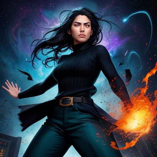 Epic Heroic Pyromancer in Fiery Night Sky