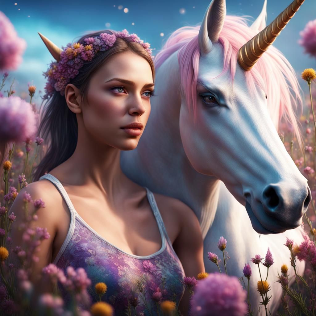 Girl and Magical Unicorn in Flower Field