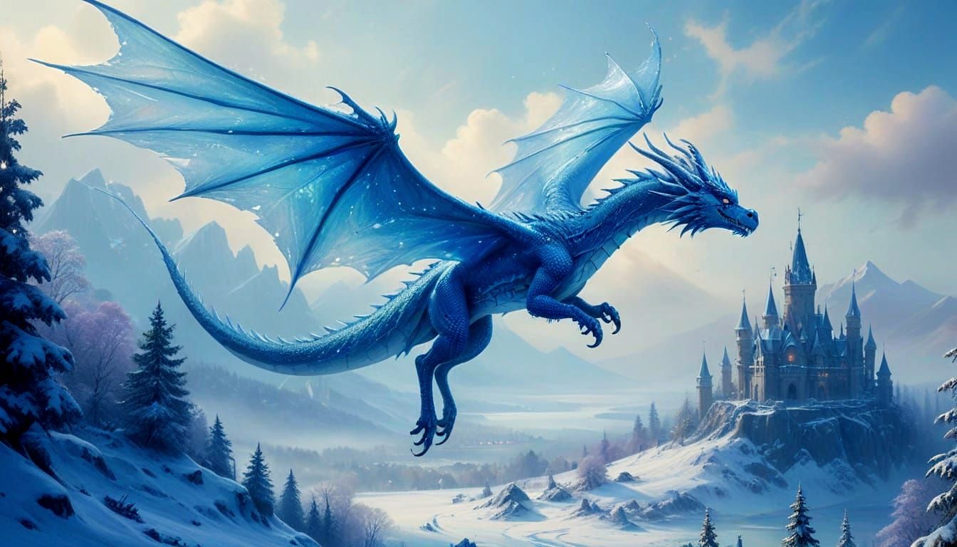 Ethereal Ice Dragon Soars Through Frosty Winter Sky