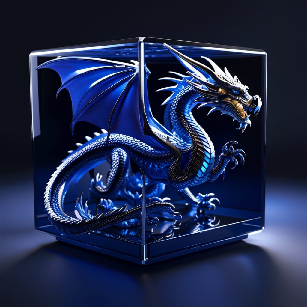Dragon in Glass Cube: Hyper-Detailed CG Render