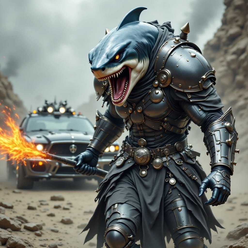 Shark-Headed Super Villain Attacks Armoured Car in Dark Fant...