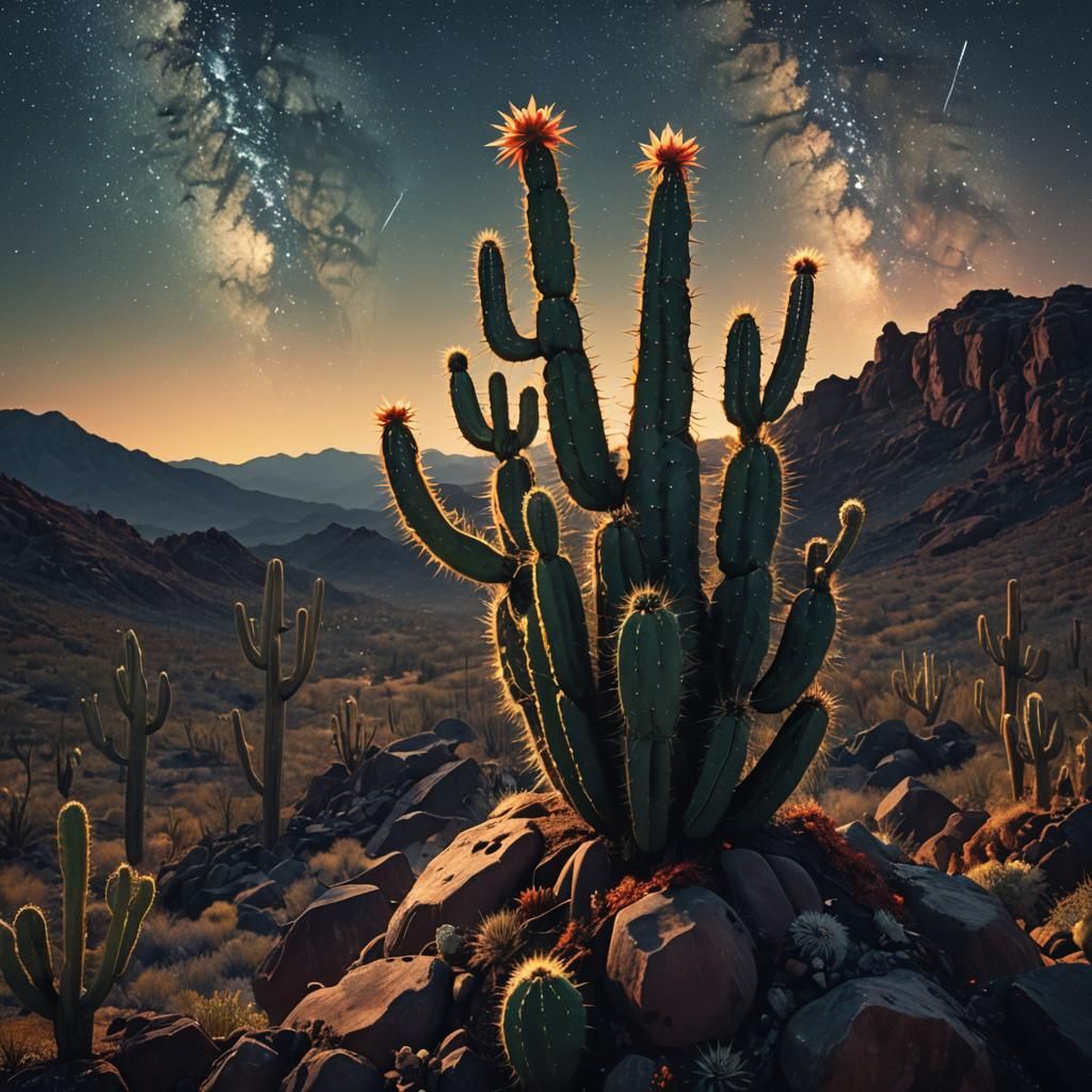 Steampunk Cactus Singer Under Starry Skies