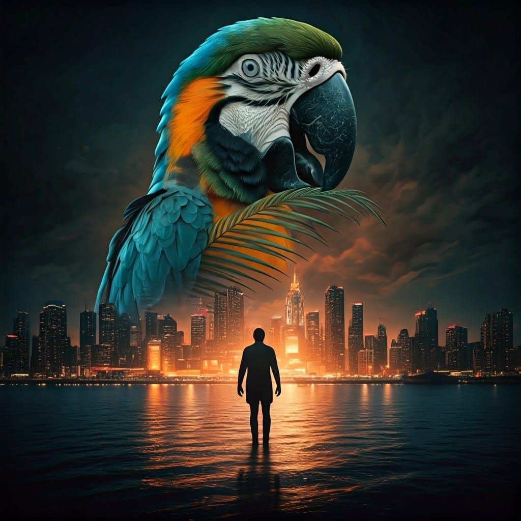 Electric Blue Parrot Warns of Impending Danger in Neon Citys...