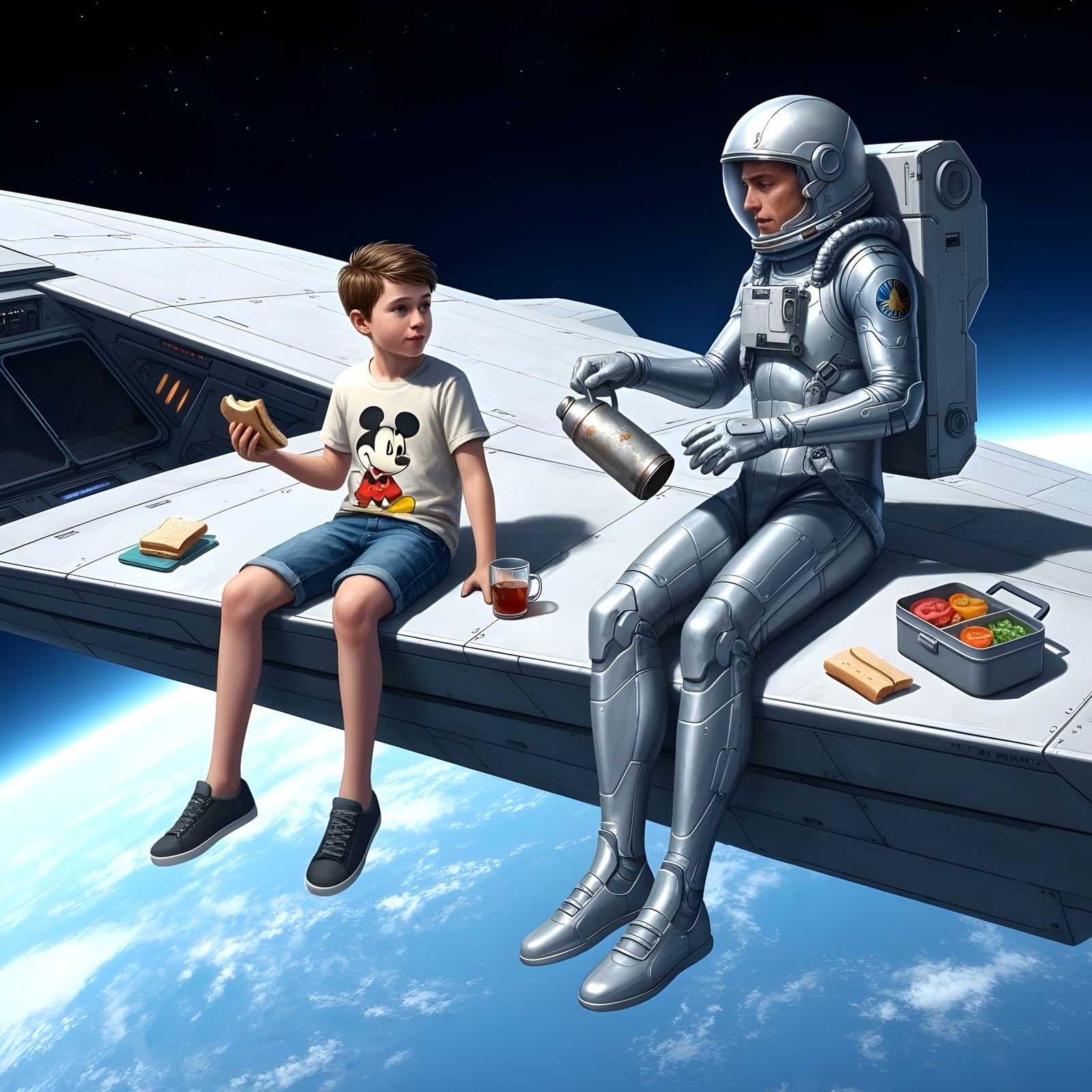 Boy and Astronaut Share Tea in Earth Orbit