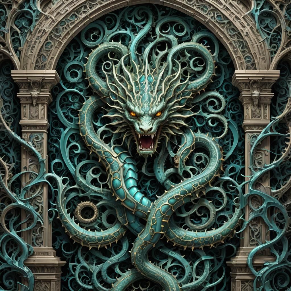 Gothic Hydra Emerges from Ornate Portal