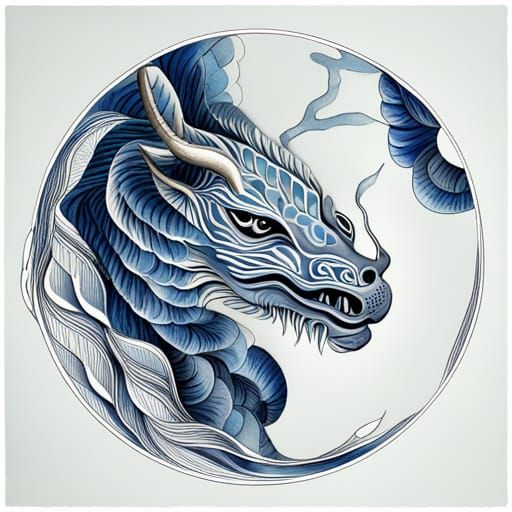 Traditional Chinese Dragon Head Drawing in Indigo Ink