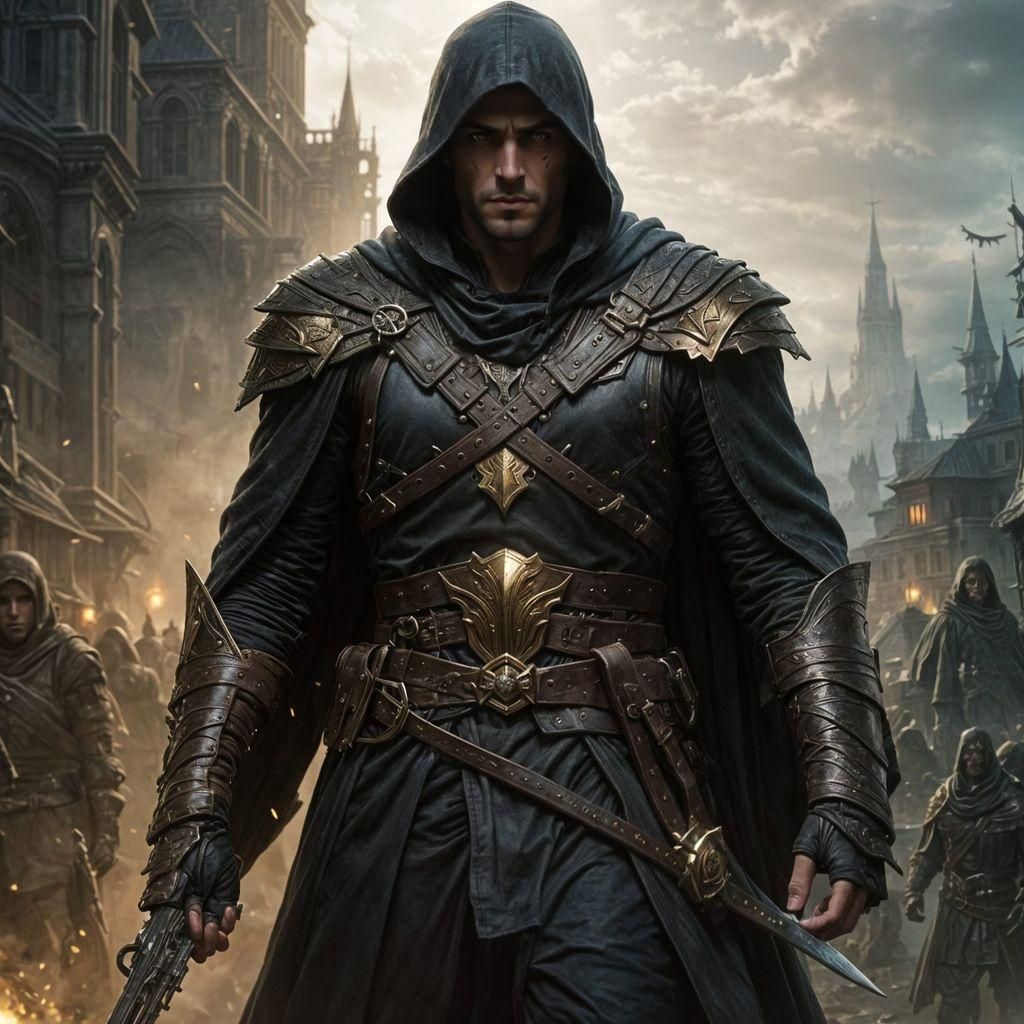 Dark Fantasy Assassin in Cityscape, Hyperdetailed Digital Ar...