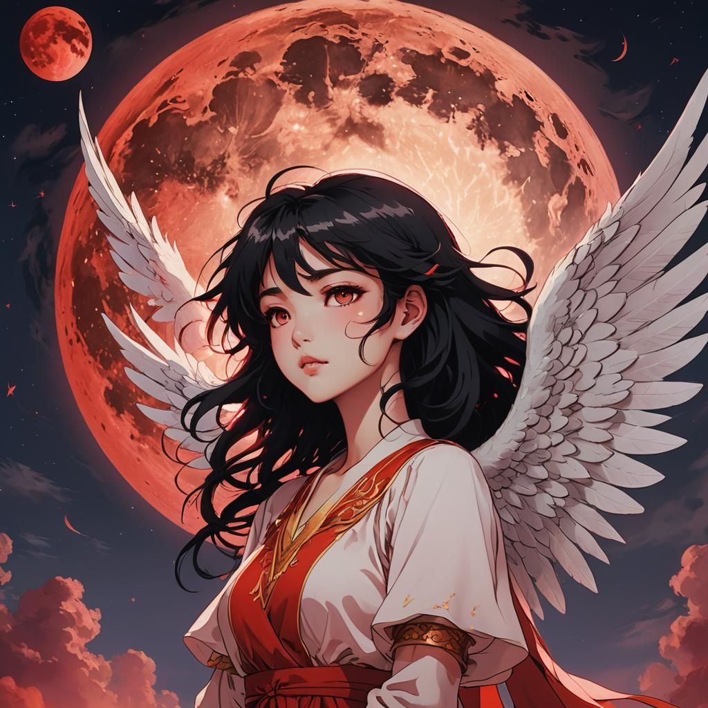 Anime Angel Girl Leaning on Red Moon