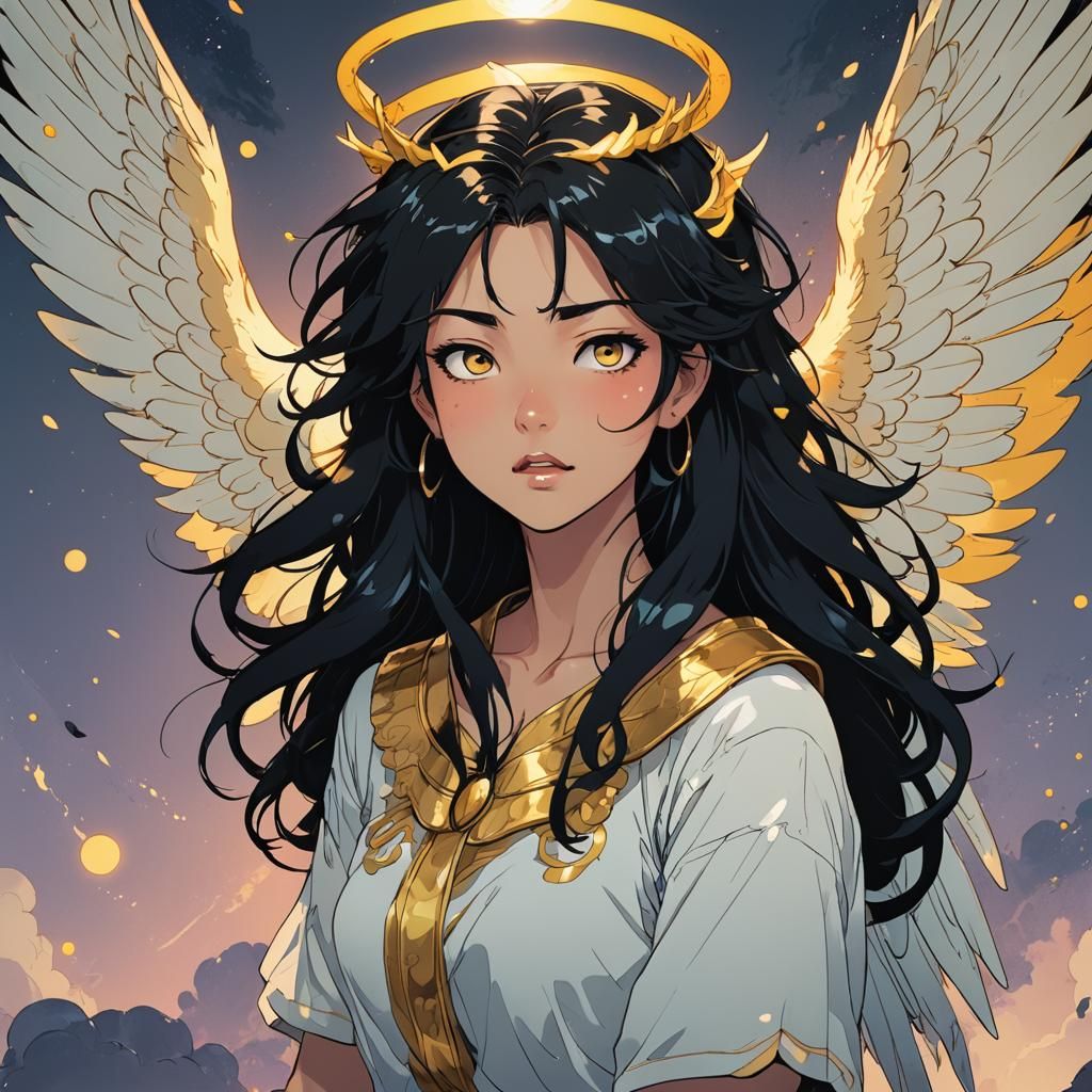 Anime Angel with Black Hair and Golden Halo
