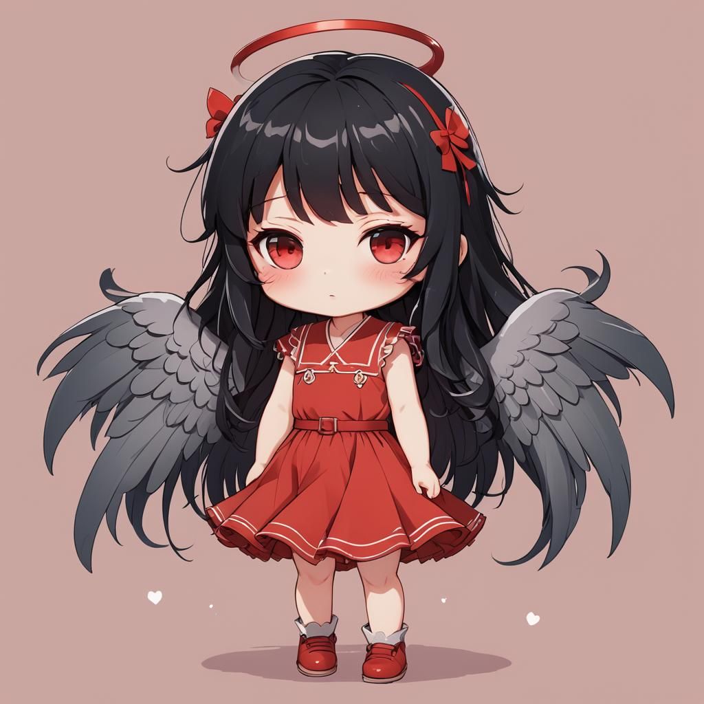 Cartoon Angel Girl with Wild Black Hair