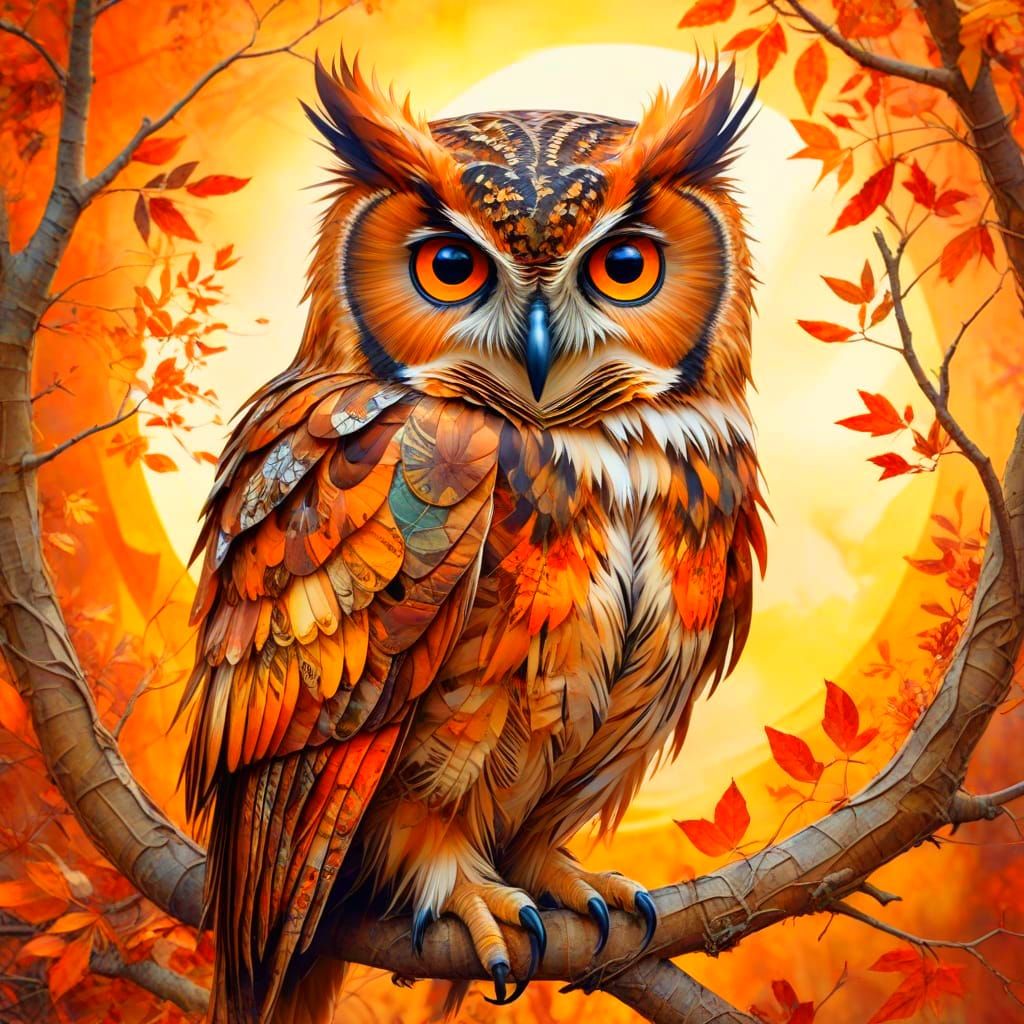 Patchwork Owl in Autumn Sunset Double Exposure