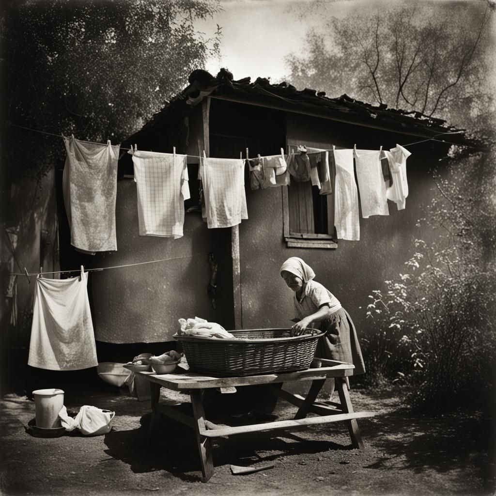 Mother Hanging Laundry: Evocative Black and White Art