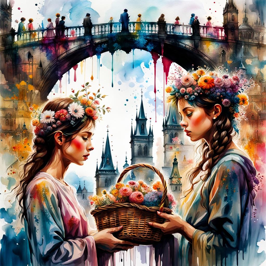 Charles Bridge Double Exposure in Gouache Watercolor