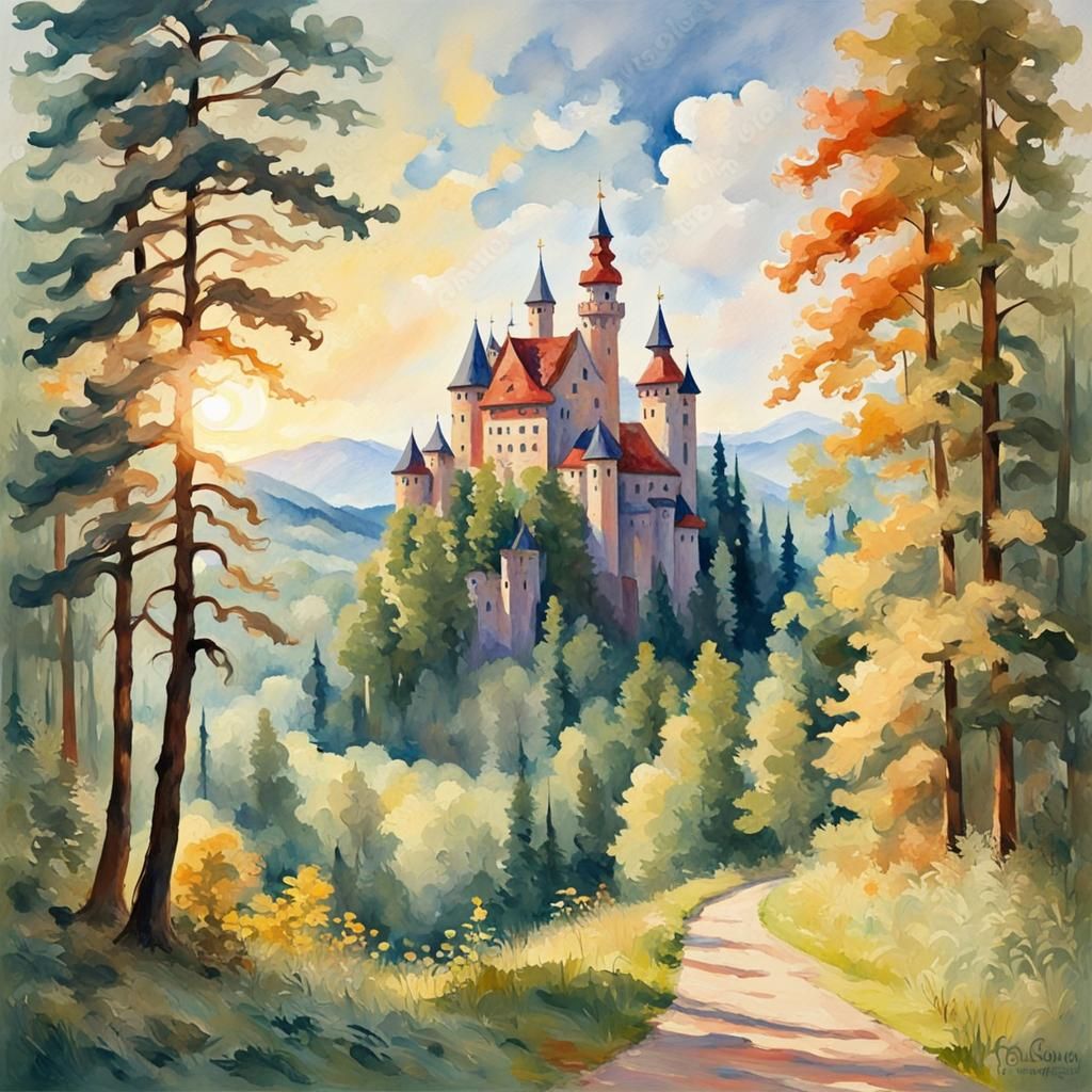 Bavarian Landscape in Gouache Impressionist Style