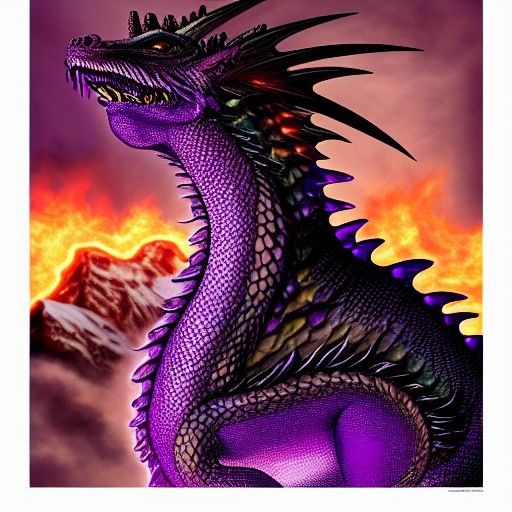 Iridescent Dragon Breathes Purple Fire, Hyperrealistic Photo...