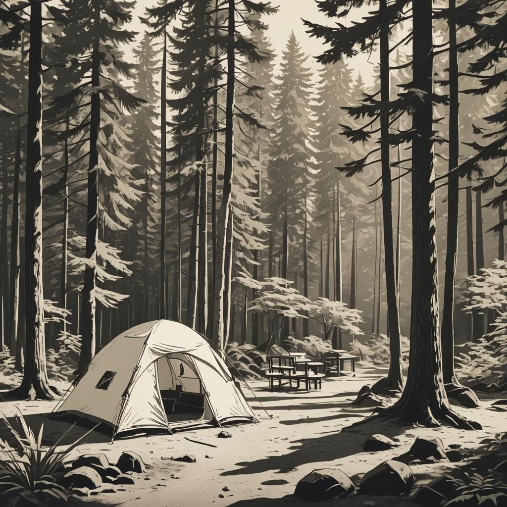 a little camp tike illustration, in the style of minimalist ...