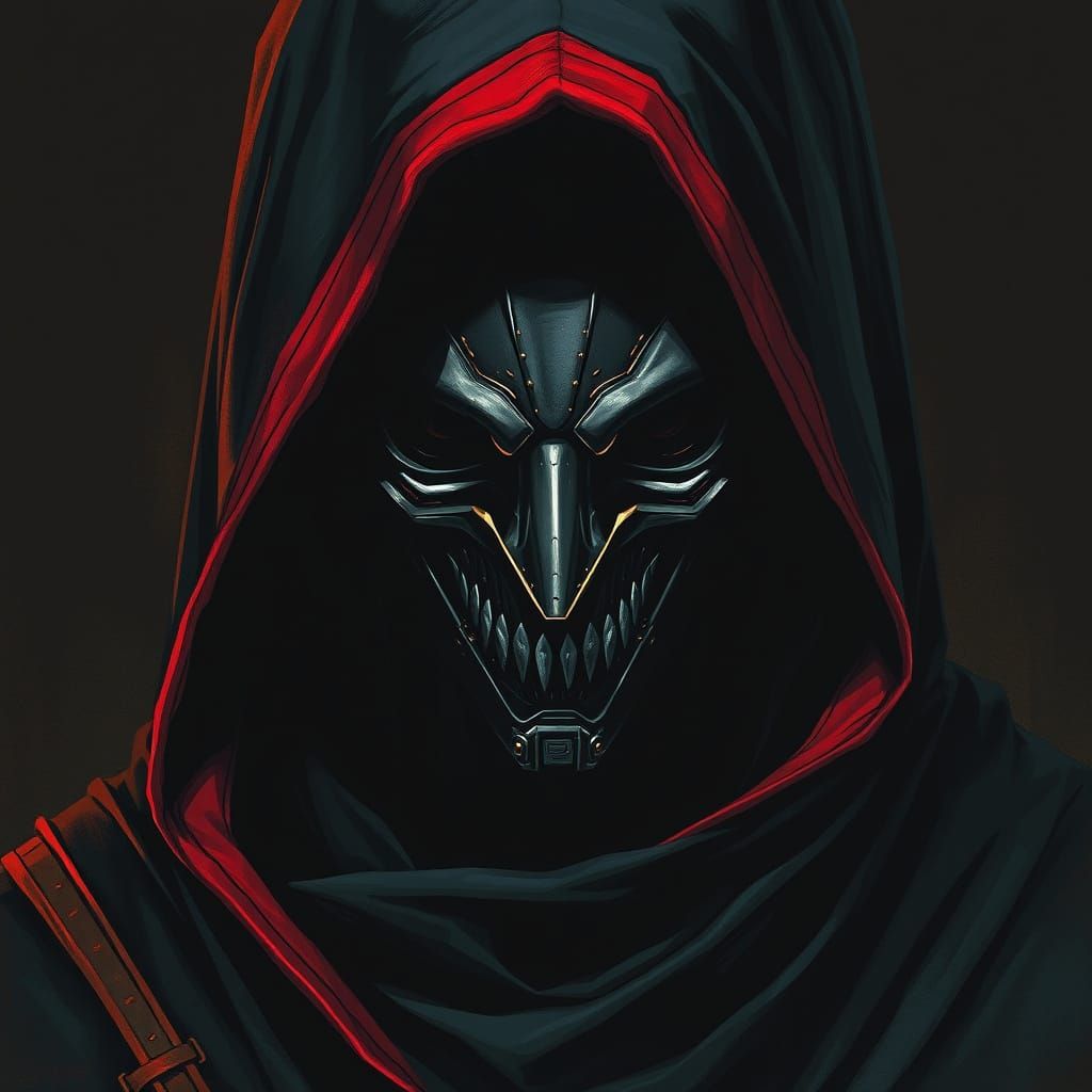 Cyberpunk Villainess in Dark, Crimson Hooded Cloak