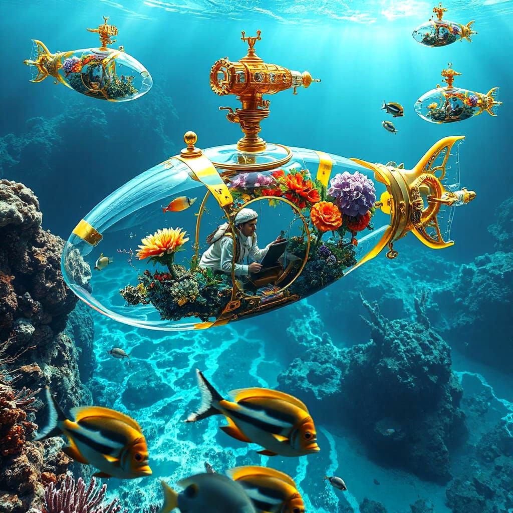 Crystal Submarines in Coral Reef: Fantasycore Art