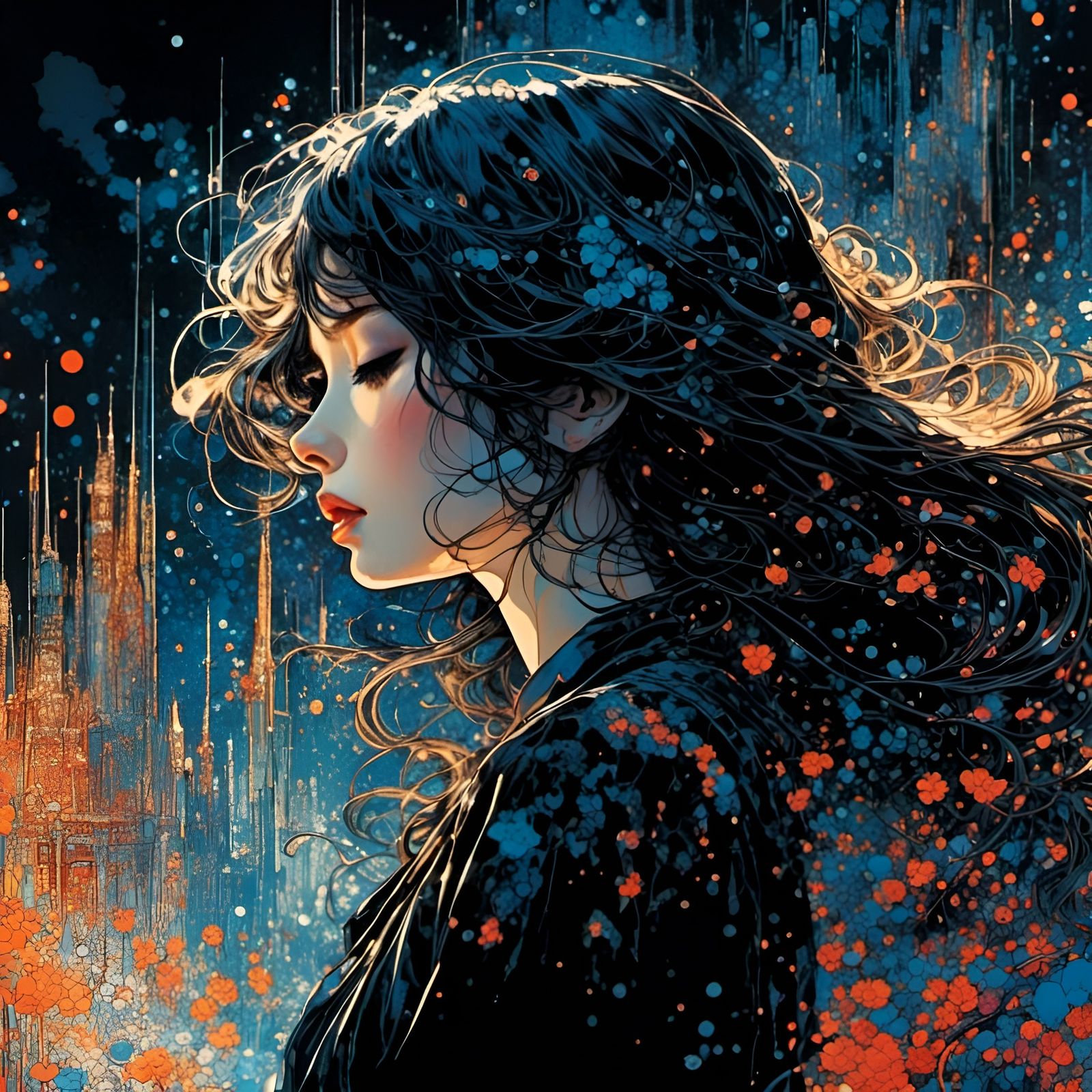 Crying Woman in Dark Room, Detailed Illustration