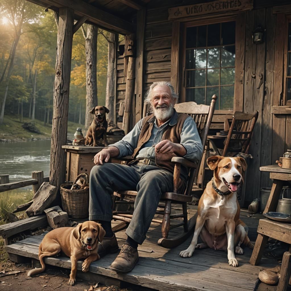 Happy Old man with his dogs.