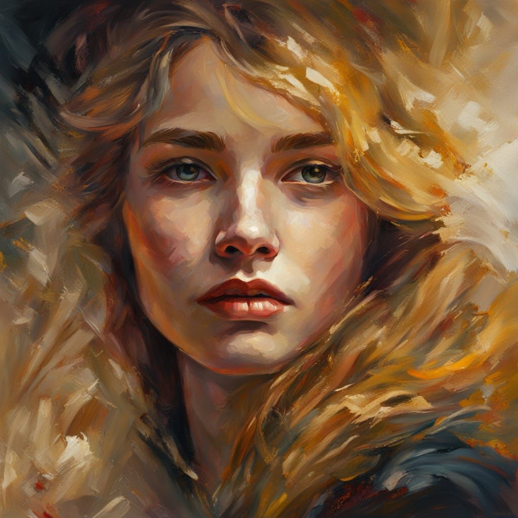 Passionate Woman's Face Oil Painting with Golden Hair