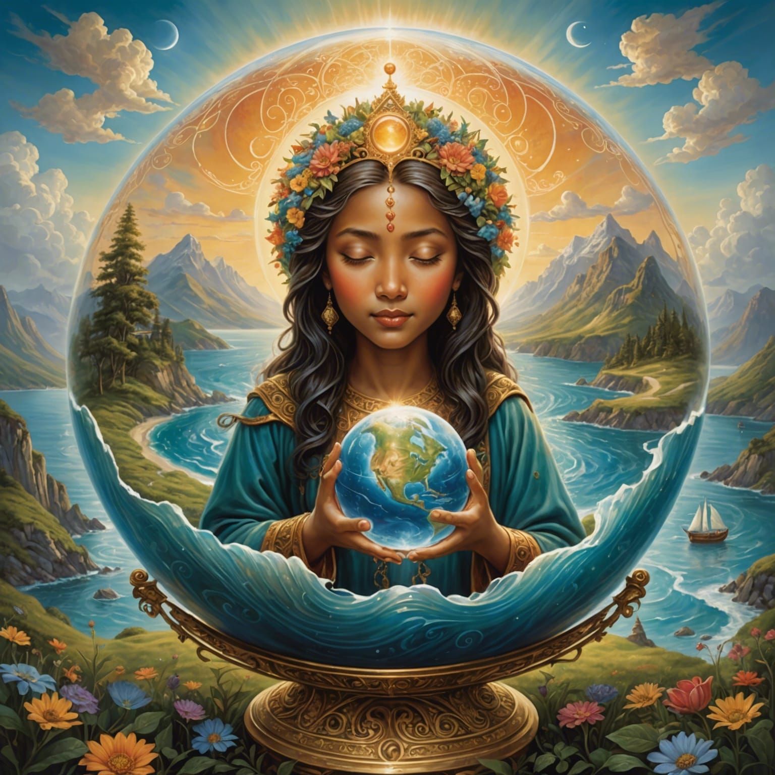 Divine Entity Embracing Earth: A Surreal Illustration