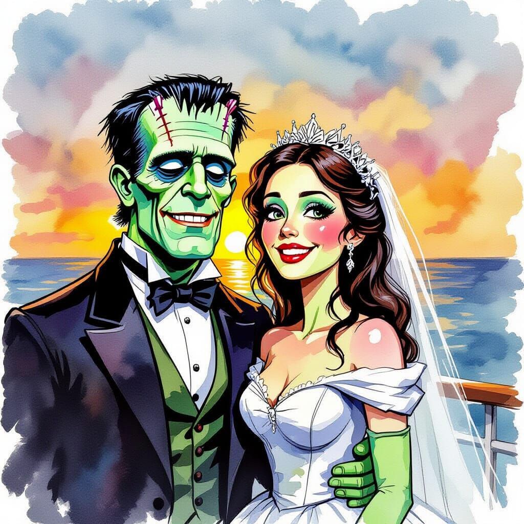 Frankenstein's Bride on Cruise Vacation in Alcohol Ink Style